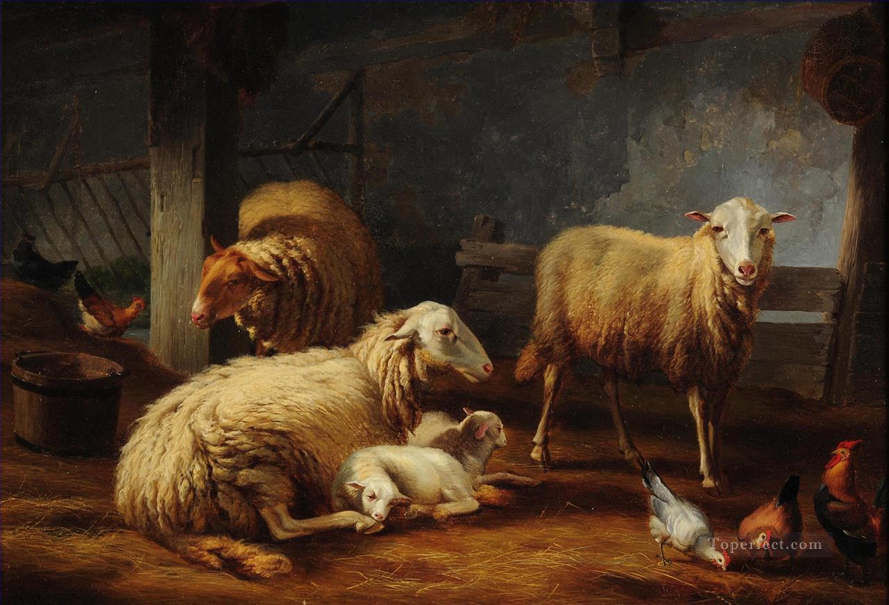 moutons et poulet à la grange Peintures à l'huile
